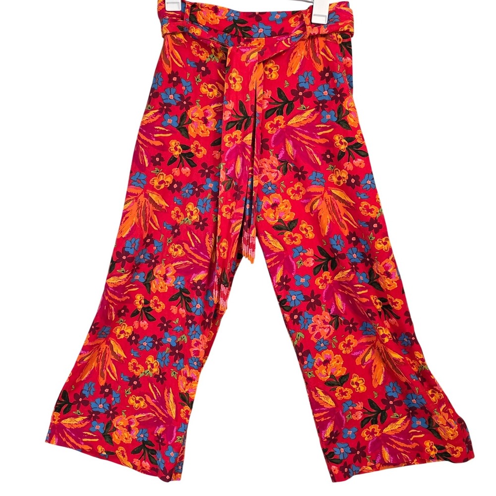 Maison dAmelie Paris Red‎ Floral Wide Leg Belted Linen Rayon Pants Size S